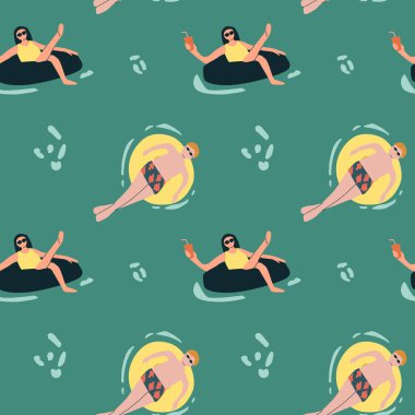 Beyaz erkek ve kadın yetişkinlerin yüzme havuzlarında dinlendiği kusursuz bir yüzme havuzu deseni..