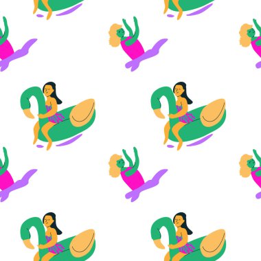 Havuzda yüzen ve suda yüzen farklı kadınların çizgi film desenleri.