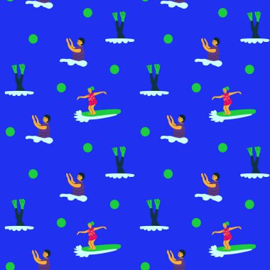 Mavi arka planda yeşil aksanlı erkek sörfçü ve yüzücünün renksiz deseni.