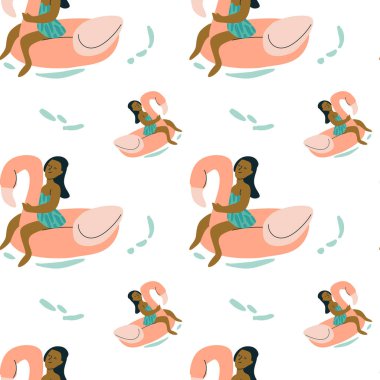 Flamingo yüzen genç Afrikalı kadının kusursuz deseni.