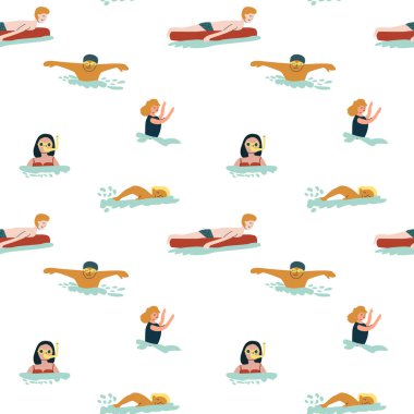 Renkli çizgi film yüzücüleri çeşitli yüzme pozları veren farklı insanlar..