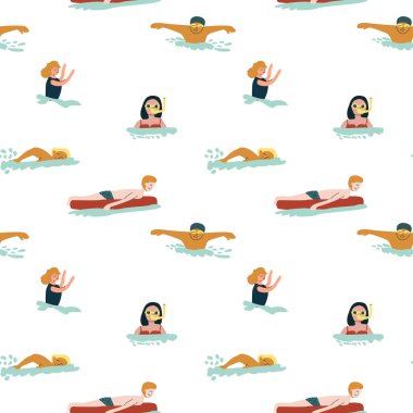 Beyaz arka planda yüzen farklı insanların kusursuz deseni.