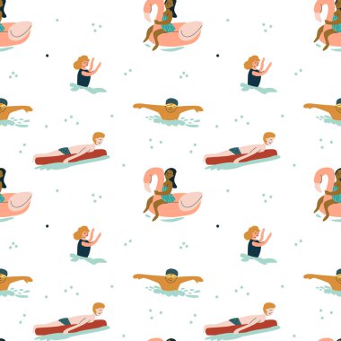 Havuzda yüzen ve yüzen neşeli çocuklar. Tuhaf şekillerde şişirilebilir..