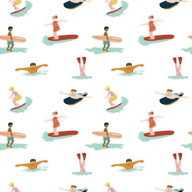 Beyaz arka planda çeşitli sörfçülerin ve yüzücülerin renkli deseni.