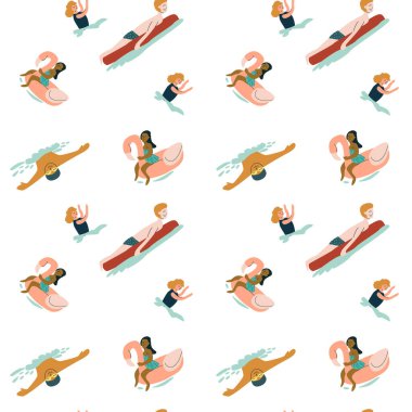 Yüzen ve şişme şamandıralarla oynayan çeşitli çocukların resimli deseni.