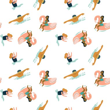 Çeşitli yüzücüler ve havuz şablonu çocukların yüzme eğlencesiyle.