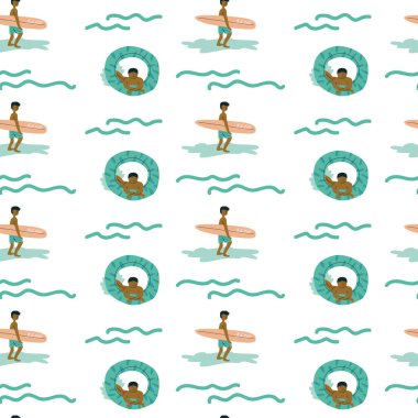 Sörf tahtaları ve dalgaları olan Afrikalı erkek sörfçülerin kusursuz deseni.