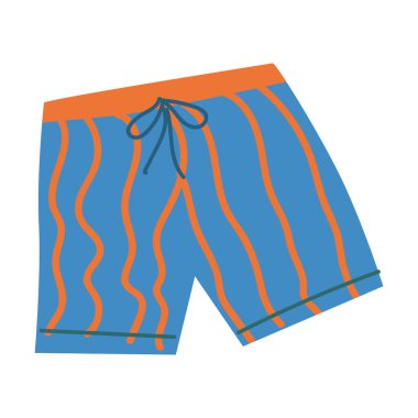 Eğlenceli bir yaz tatili çıkartması koleksiyonu için turuncu aksanlı canlı mavi plaj şortları..