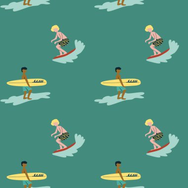 Dalgalar üzerinde canlı renklerde sörfçülerle kusursuz bir sörf şekli..