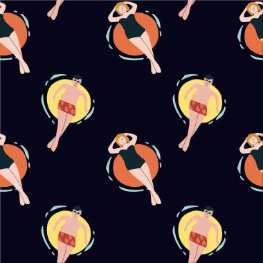 Suda yüzen yüzücülerin kusursuz deseni, mayo giymiş kadın erkek karakterler..