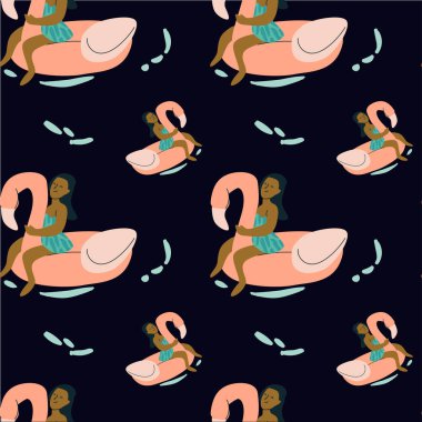 Latin kökenli kadınların flamingo üzerinde dinlenmeleri siyah arka planda yüzmeleri..