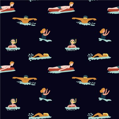 Siyah arka planda çeşitli yüzücülerin kusursuz deseni.