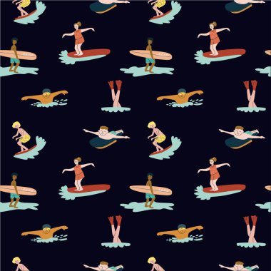 Renkli sörf ve yüzme çizgi filmi desenleri. Koyu arkaplanda farklı çocuklar var..