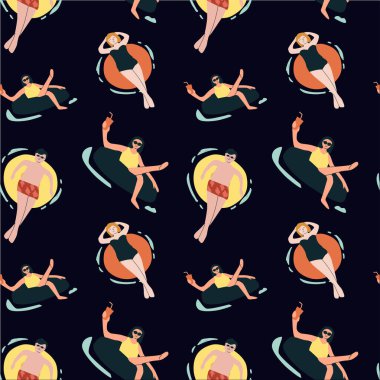 Eski tip mayo giymiş, modaya uygun yüzücülerle birlikte....