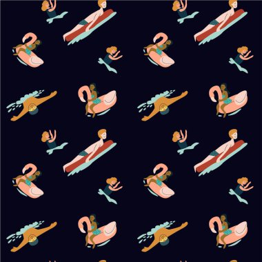 Şamandıralar ve deniz kızı desenli tuhaf yüzme havuzu eğlencesi..