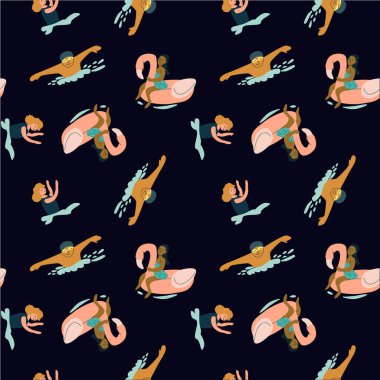 Koyu arkaplanda renkli deniz kızı ve deniz yaratığı deseni.