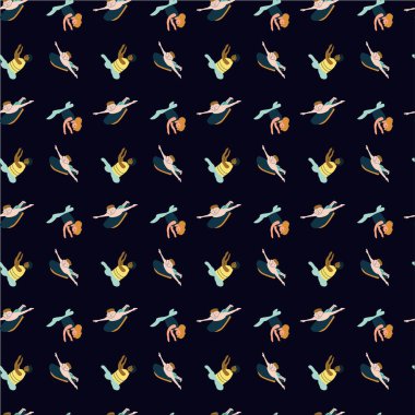 Siyah arka planda uçan süper kahramanların kusursuz deseni.