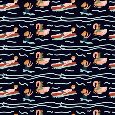 Beyaz erkek ve kadın yüzücülerin şişme ördeklerin üzerinde olduğu eğlenceli bir yüzme sahnesi.