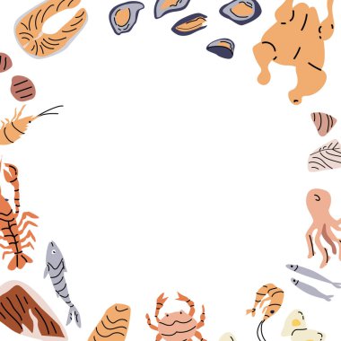 Akdeniz mutfağı sınır tasarımı. Mutfak dekorasyonu için deniz ürünleri içeriyor..