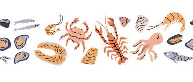 Deniz ürünleri ve kabuklu deniz ürünleri resimleriyle Akdeniz mutfağı çeşitliliği.