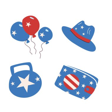 Kutlama tasarımı için balonlu, şapkalı ve Amerikan bayrağı unsurlu 4 Temmuz ikonu..