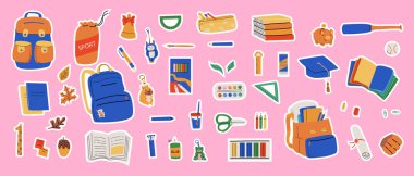 Eğitim ve yaratıcı projeler için renkli okul malzemeleri koleksiyonu çıkartmaları.