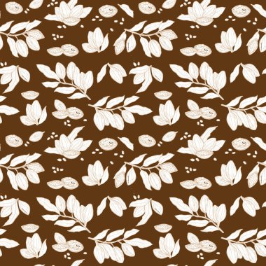 Kumaş ve tasarım projeleri için el yapımı kakao çekirdekleri ve yapraklar.