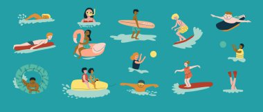 Su aktivitelerinden hoşlanan çeşitli çocuklar: sörf, yüzme, arkadaşlarla yüzme..