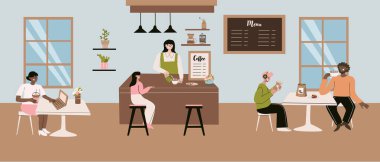 Rahatlayan ve sosyalleşen insanların olduğu samimi kahve dükkanı sahnesi.
