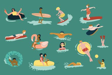 Suyun keyfini çıkaran çeşitli gruplar: sörf, yüzme, rafting.