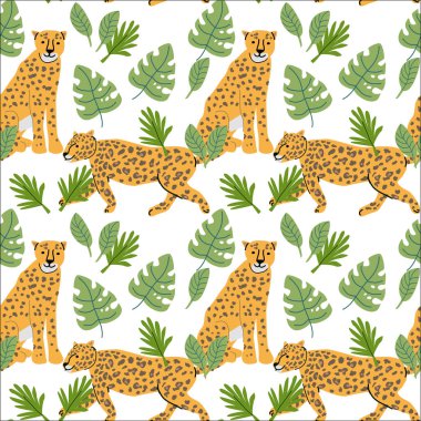 Doğa duvar kağıdı tasarımı için leopar ve yeşillik desenli tropik hayvanlar..