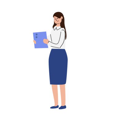 Beyaz ofis bluzu giyen ve elinde tablet tutan siyah etekli bir kadın. Profesyonel kadın karakter dijital cihazla ayakta duruyor, iş, teknoloji ve iletişimi temsil ediyor. Düz vektör illüstrasyonu.