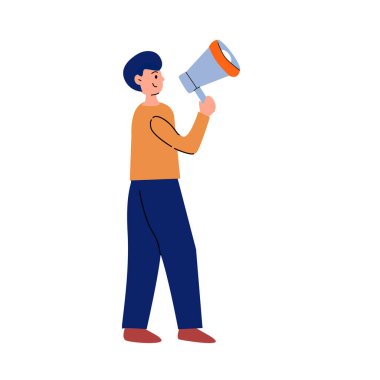 Sıradan giysiler içinde elinde megafon tutan bir adam. İletişim, duyuru, liderlik, protesto, pazarlama veya halka hitap eden düz vektör illüstrasyonu.