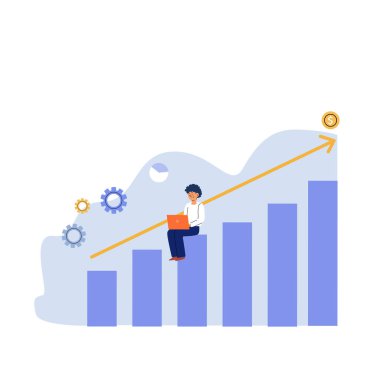 Adam dizüstü bilgisayarda büyüme grafiği üzerinde çalışıyor. Veri analizi için uygun bir vektör dairesi illüstrasyonu, başlangıç girişimi, yatırım ve diğer amaçlar