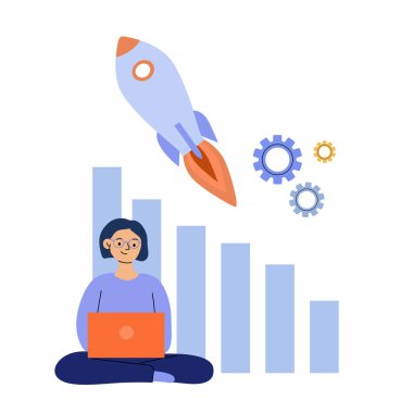 Başlangıç fırlatma ve ivme - dizüstü bilgisayarı, roketi, kar tablosu ve megafonu olan iş ekibi. Takım çalışması ve iş büyümesinin düz çizimi.