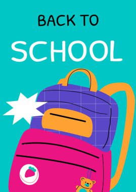 Mor ve pembe sırt çantaları ile okul tasarımına geri döndü. İçinde sırt çantası olan indirimli poster. Okul promosyonları, mevsimlik satışlar ve sınıf dekorasyonu için ideal..