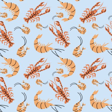 Açık mavi zemin üzerinde kusursuz ıstakoz ve karides deseni..