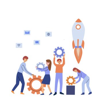 Girişim başlatma hazırlığı, vites montajı, arka planda roket, çevrimiçi iletişim simgeleri, takım çalışması konsepti.