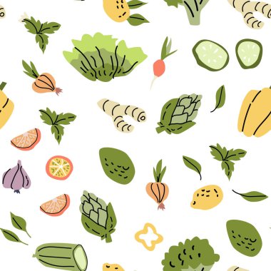 Taze sebzelerin renkli çeşitleri ve beyaz arka planda meyve deseni