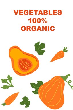 Canlı havuç ve kabaklı parlak organik sebzeler. Minimum dikey poster ve taze sebze. Çiftlik ürünleri, sağlıklı gıda, organik pazar ve çevre dostu yaşam tarzı kavramı