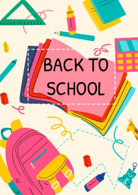 Okul gereçleri, kitaplar ve sırt çantasıyla renkliydi. Oyun tasarımı, okul malzemeleri ve anaokulu çocukları için sevimli unsurlarla dolu indirimli poster. Erken eğitim tanıtımı ve öğrenim etkinlikleri için mükemmel.