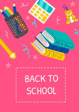 Renkli okul gereçleri, pembe arka planda kitaplar ve kırtasiye malzemeleriyle. Parlak renkleri ve parlak tipografisi olan çağdaş asgari okul posteri. Eğitim etkinlikleri için elverişli