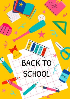 Kırtasiye malzemesi ve spor malzemesi ile sarı arka planda okul malzemelerine renkli dönüş.