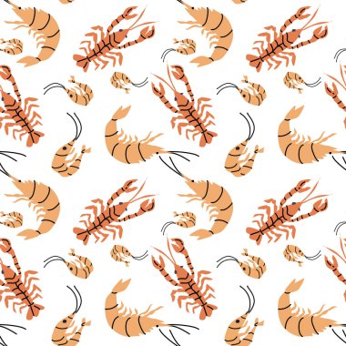 Beyaz arka planda kusursuz karides ve ıstakoz çizimleri..