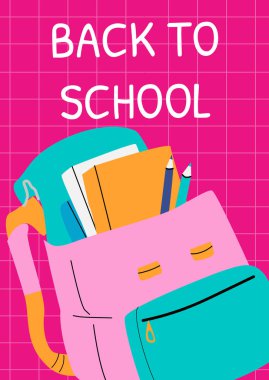 Okula dönüş: Pembe şebeke arka planında malzemeler olan renkli bir sırt çantası. Kitapların, kalemlerin ve canlı okul eşyalarının yer aldığı eğitici dikey poster. Okul promosyonları, mevsimlik satışlar ve sınıf dekorasyonu için ideal..