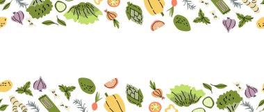 Renkli sebzeler ve meyve kenarları yazı için beyaz alan ile çevrili. Sağlıklı gıda sınırı.