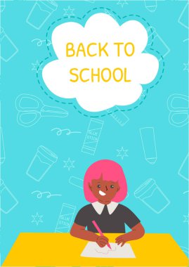 Sarı masaya Afrikalı genç bir kızın çizdiği afişe geri döndüm. Eğlenceli tasarımı olan renkli bir okul satışı posteri, anaokulu çocukları için sevimli unsurlar. Erken eğitim promosyonları ve öğrenim etkinlikleri için mükemmel.