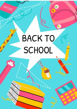 Okul malzemelerine renkli bir şekilde geometrik elementlerle donatılmış. Eğlenceli tasarımı, okul malzemeleri ve anaokulu çocukları için şirin unsurları olan renkli bir satış posteri. Erken eğitim için mükemmel.