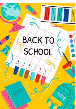 Sarı üzerine renkli okul gereçleri. Kitapların, kalemlerin ve canlı okul eşyalarının yer aldığı eğitici okula dönüş posteri. Okul promosyonları, mevsimlik satışlar ve sınıf dekorasyonu için ideal..