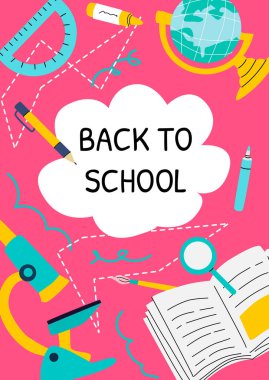 Alet ve gereçlerle dolu renkli bir eğitim posteri. Kitapların, kalemlerin ve canlı okul eşyalarının olduğu okul posterine dönelim. Okul promosyonları, mevsimlik satışlar ve sınıf dekorasyonu için ideal..